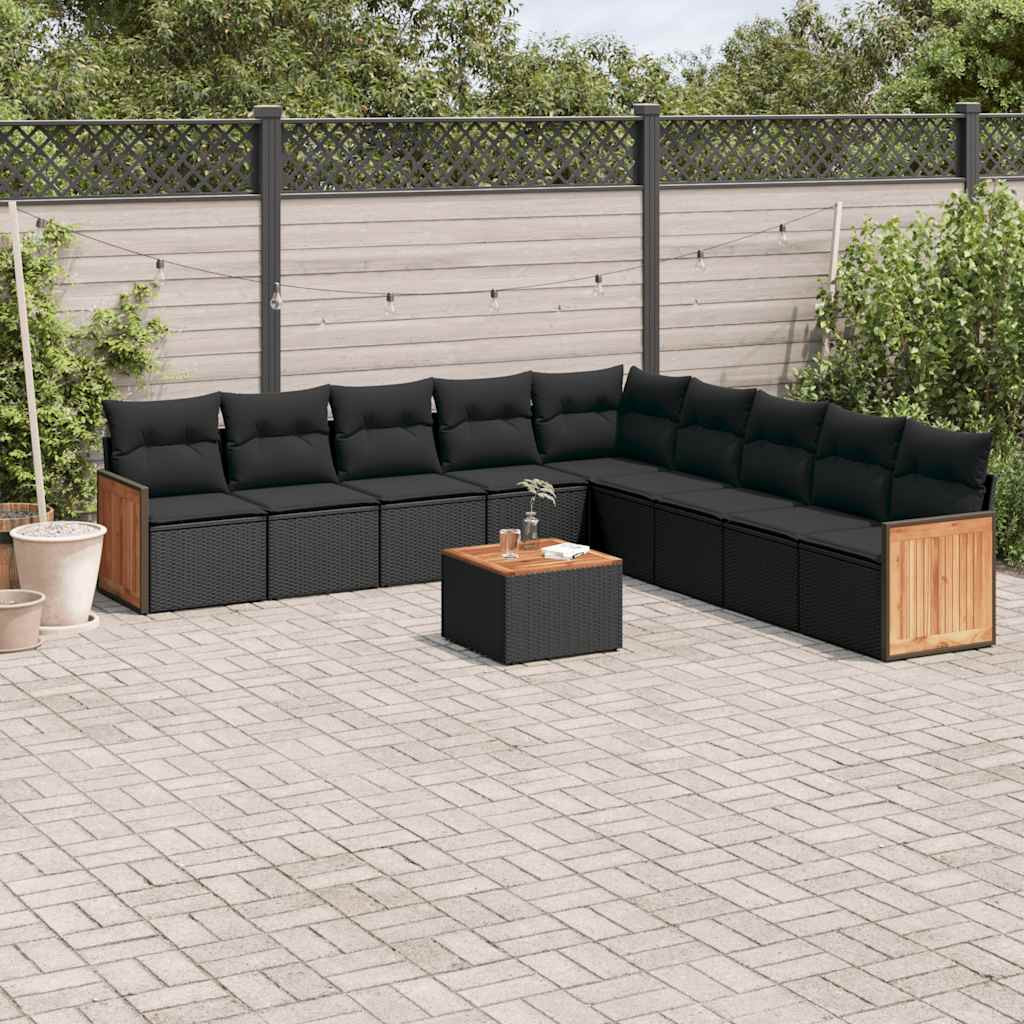 vidaXL 10-tlg. Garten-Sofagarnitur mit Kissen Schwarz Poly Rattan