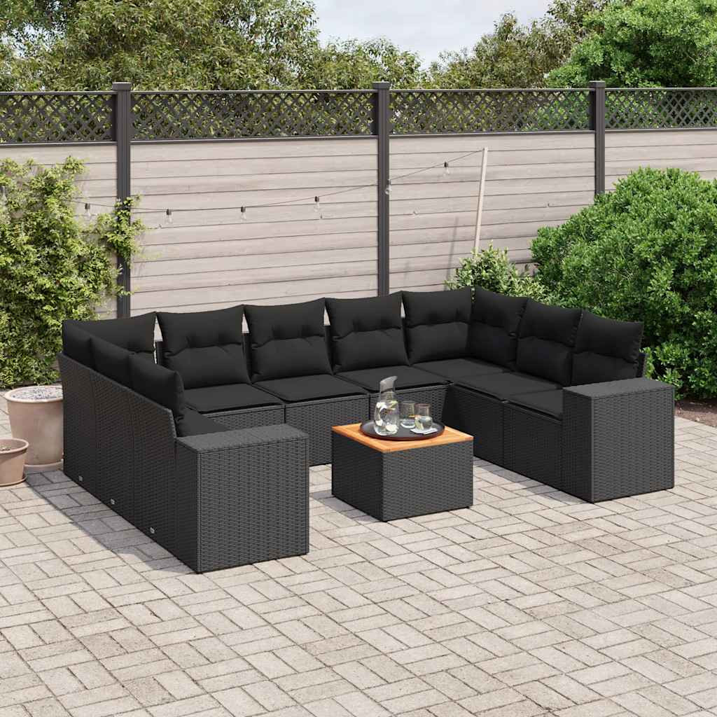 vidaXL 10-tlg. Garten-Sofagarnitur mit Kissen Schwarz Poly Rattan