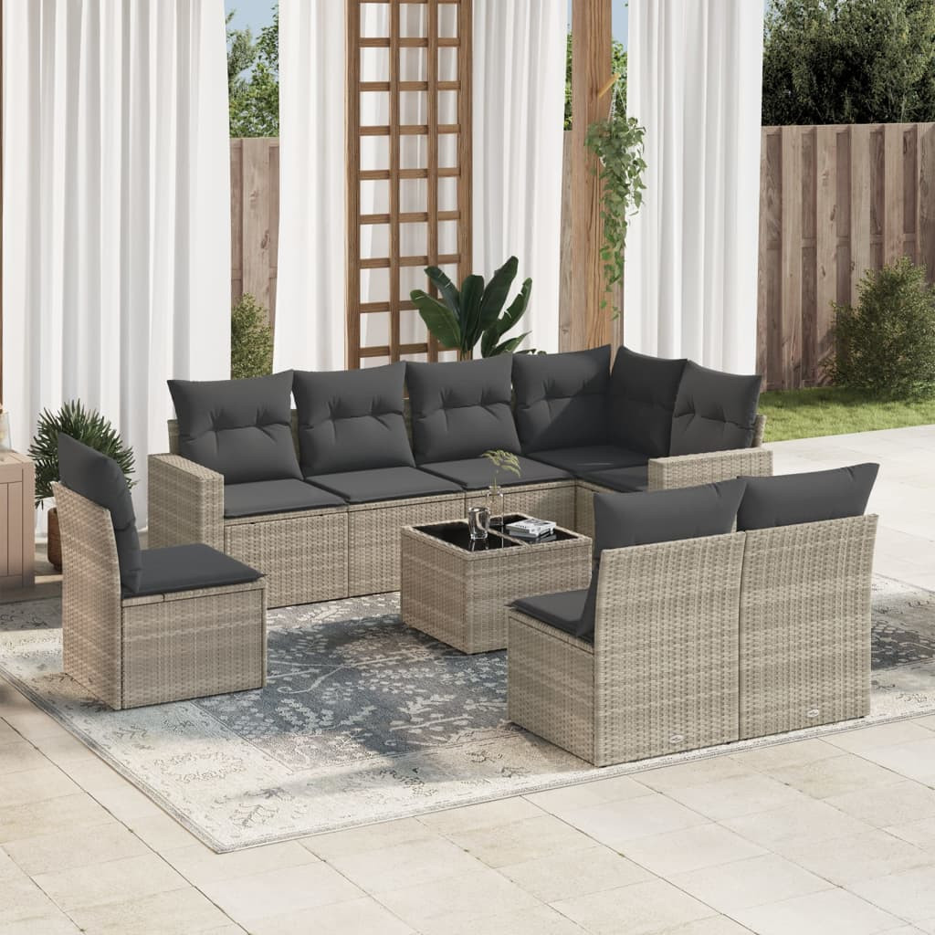 vidaXL 9-tlg. Garten-Sofagarnitur mit Kissen Hellgrau Poly Rattan
