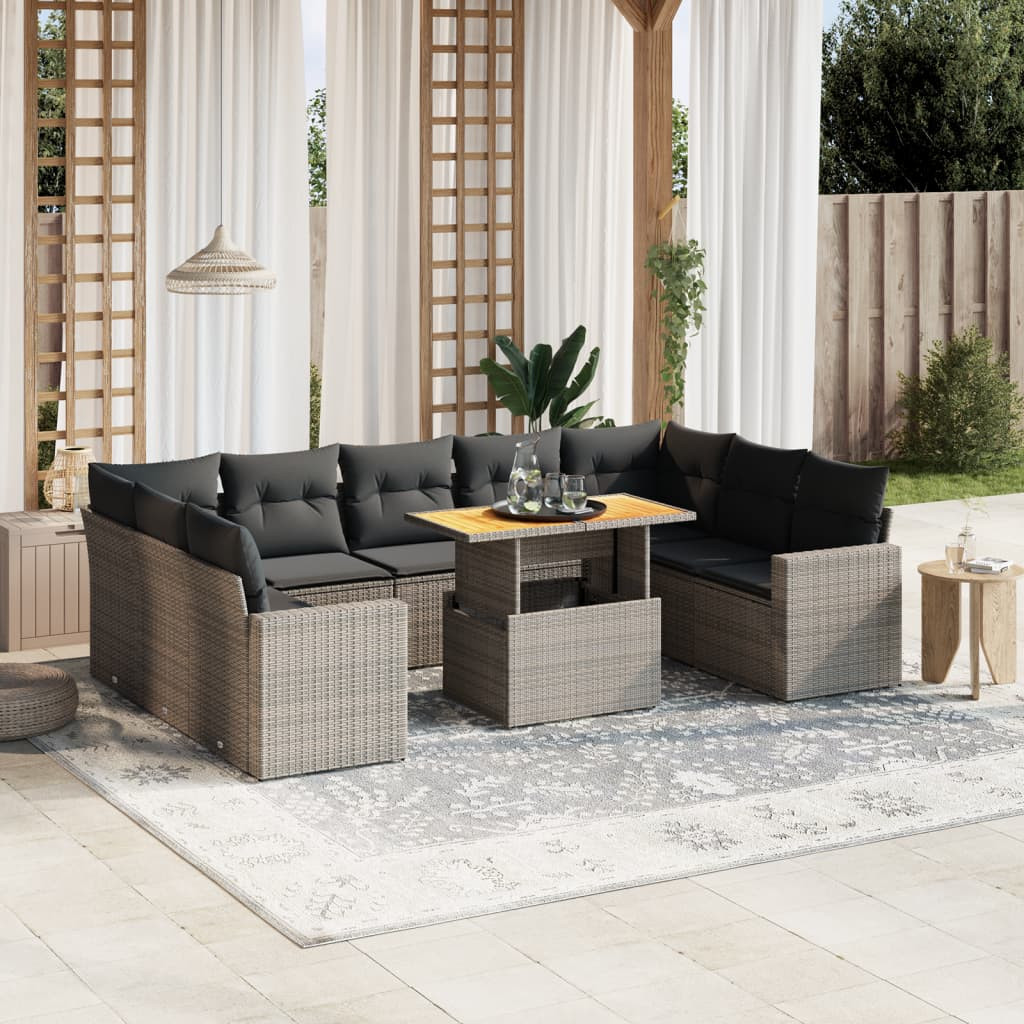 vidaXL 10-tlg. Garten-Sofagarnitur mit Kissen Grau Poly Rattan