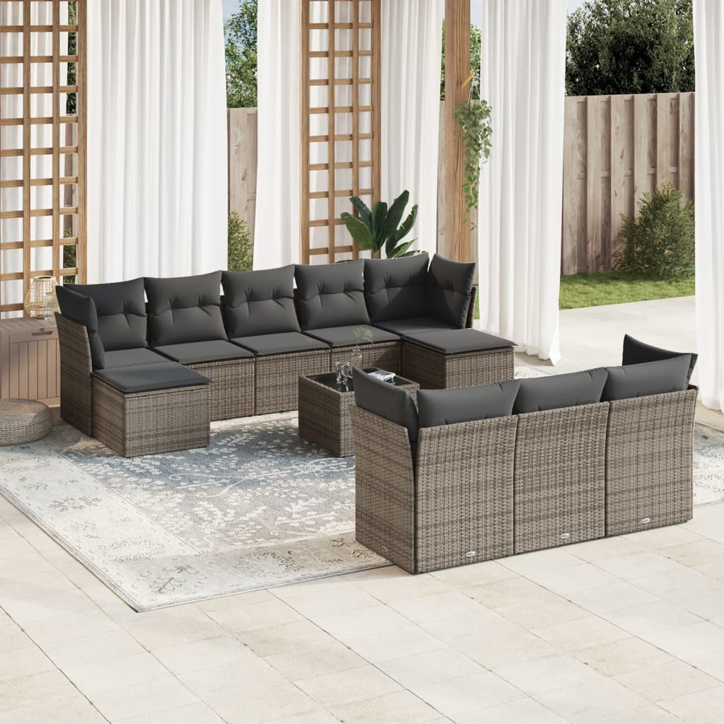 vidaXL 11-tlg. Garten-Sofagarnitur mit Kissen Grau Poly Rattan