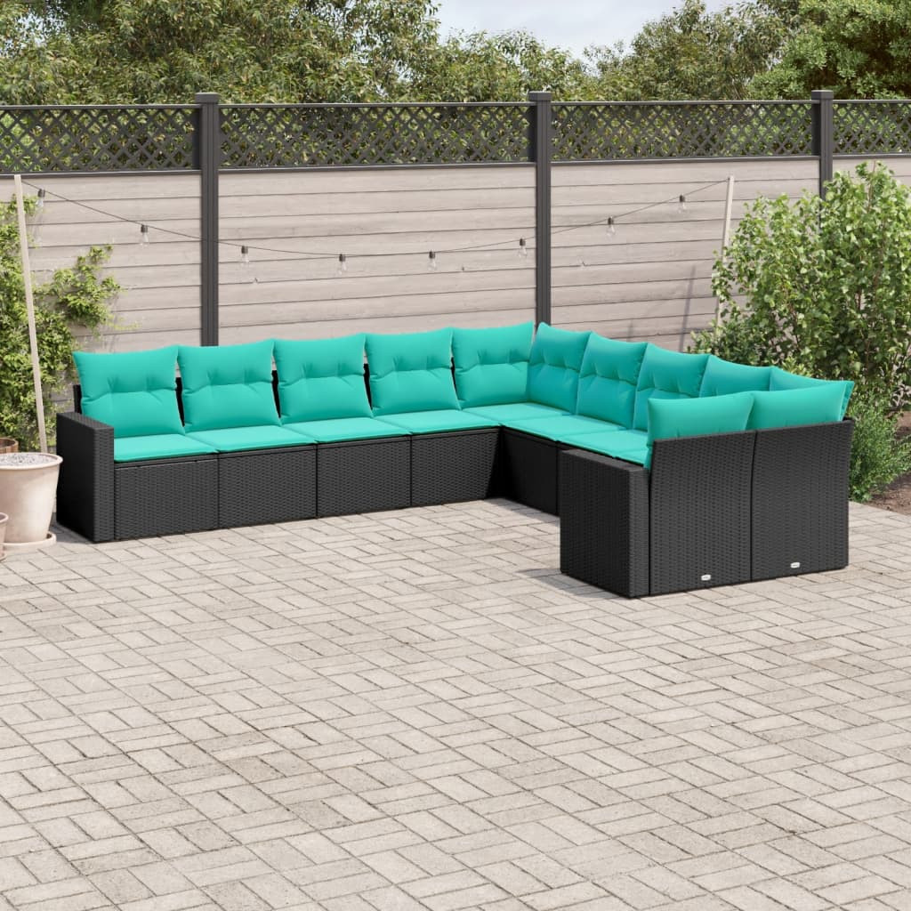 vidaXL 10-tlg. Garten-Sofagarnitur mit Kissen Schwarz Poly Rattan