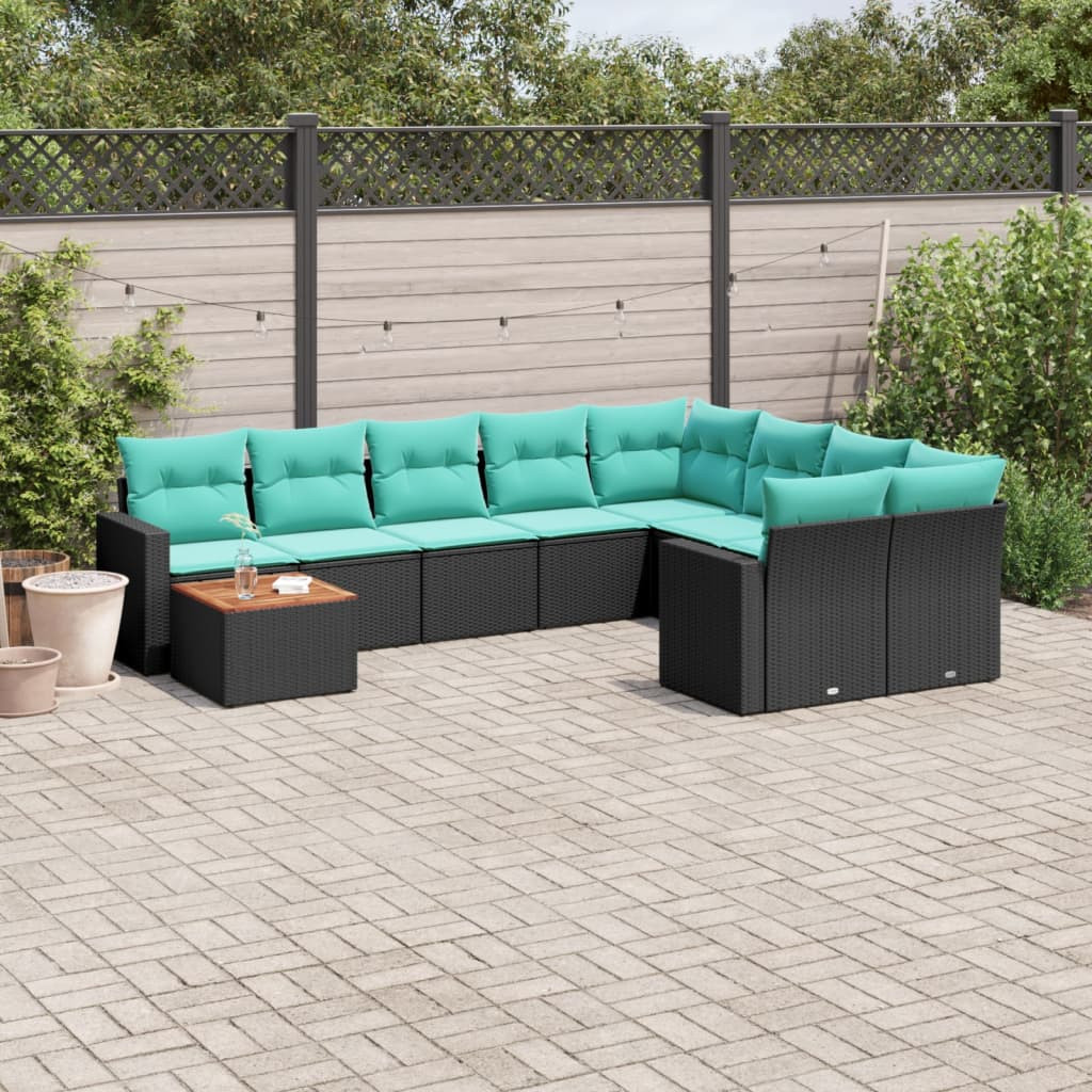 vidaXL 10-tlg. Garten-Sofagarnitur mit Kissen Schwarz Poly Rattan