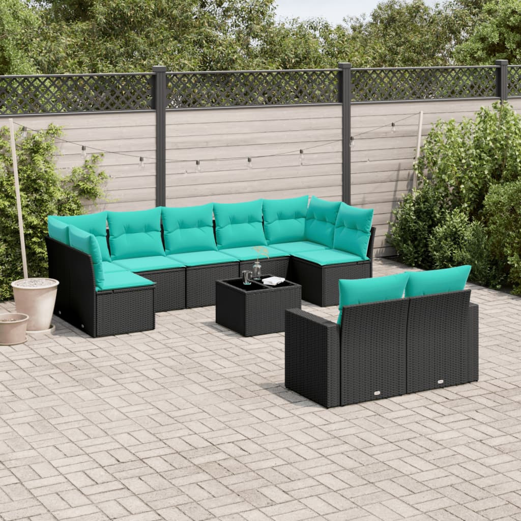 vidaXL 10-tlg. Garten-Sofagarnitur mit Kissen Schwarz Poly Rattan