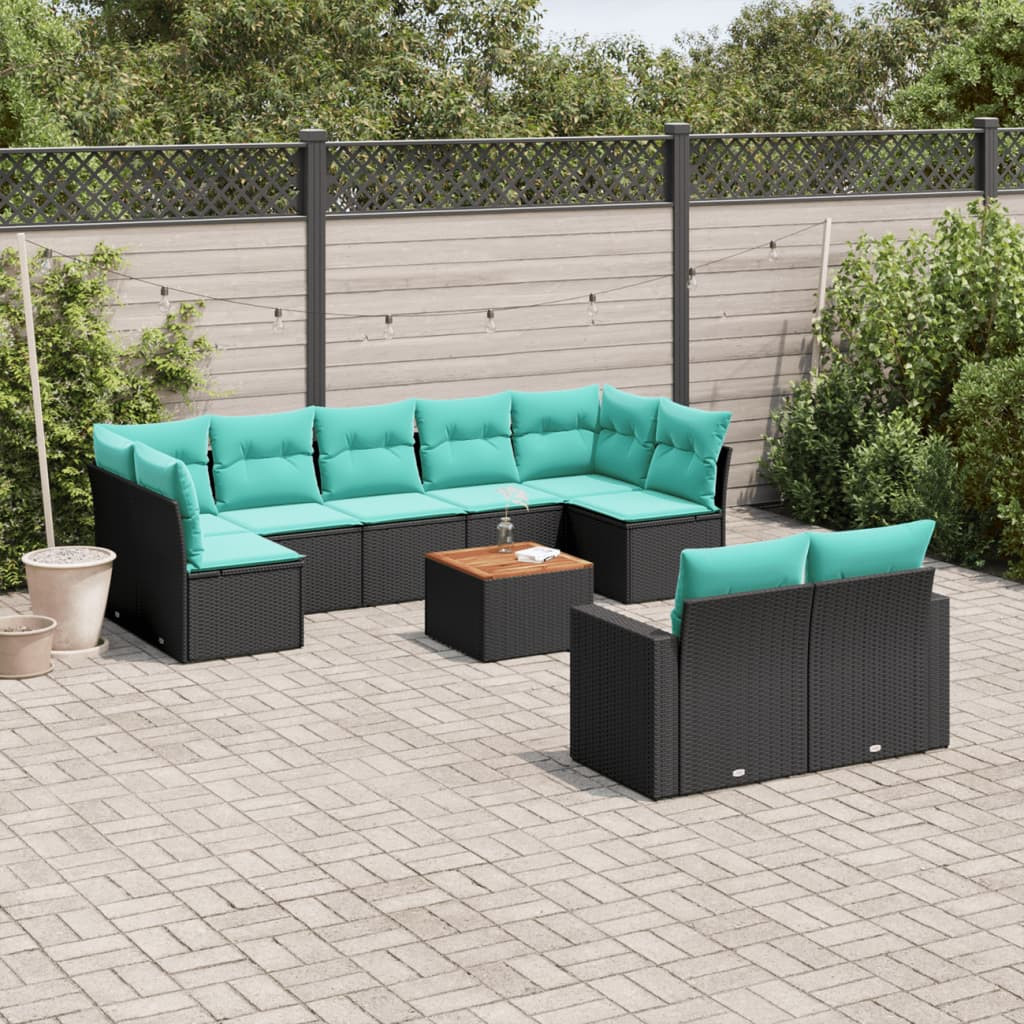 vidaXL 10-tlg. Garten-Sofagarnitur mit Kissen Schwarz Poly Rattan