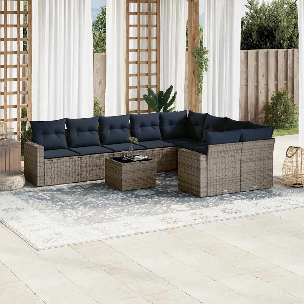 vidaXL 10-tlg. Garten-Sofagarnitur mit Kissen Grau Poly Rattan