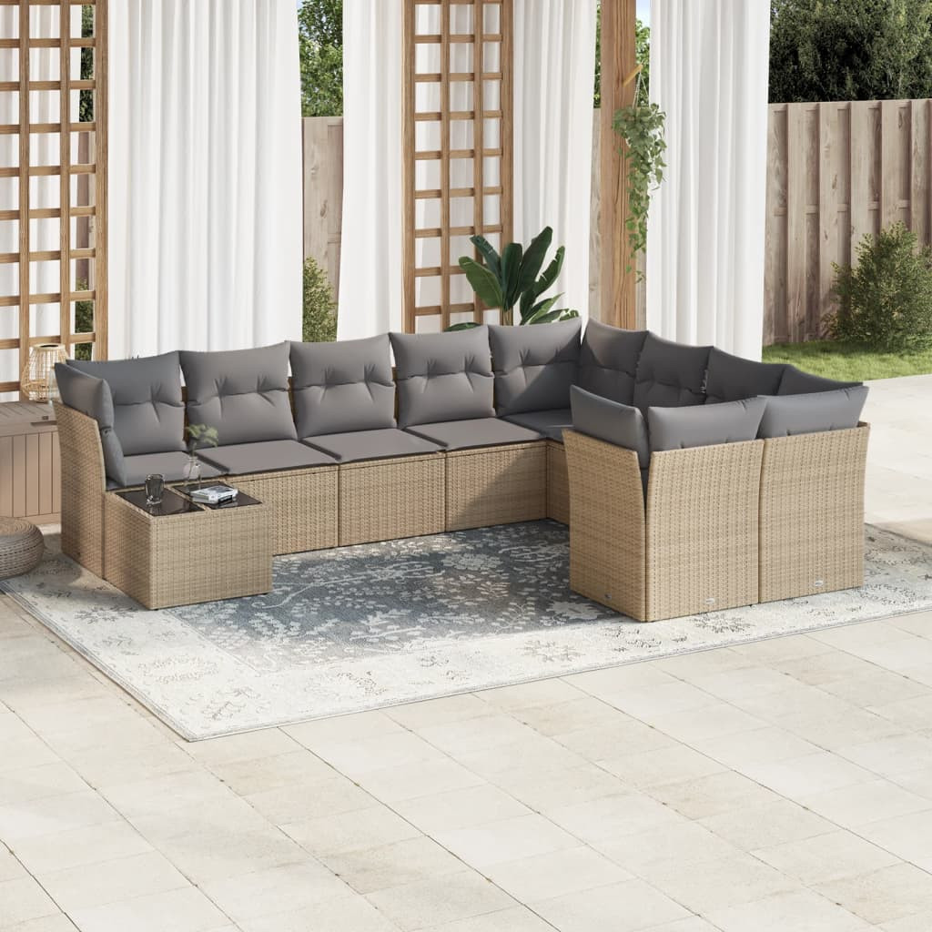 vidaXL 10-tlg. Garten-Sofagarnitur mit Kissen Beige Poly Rattan