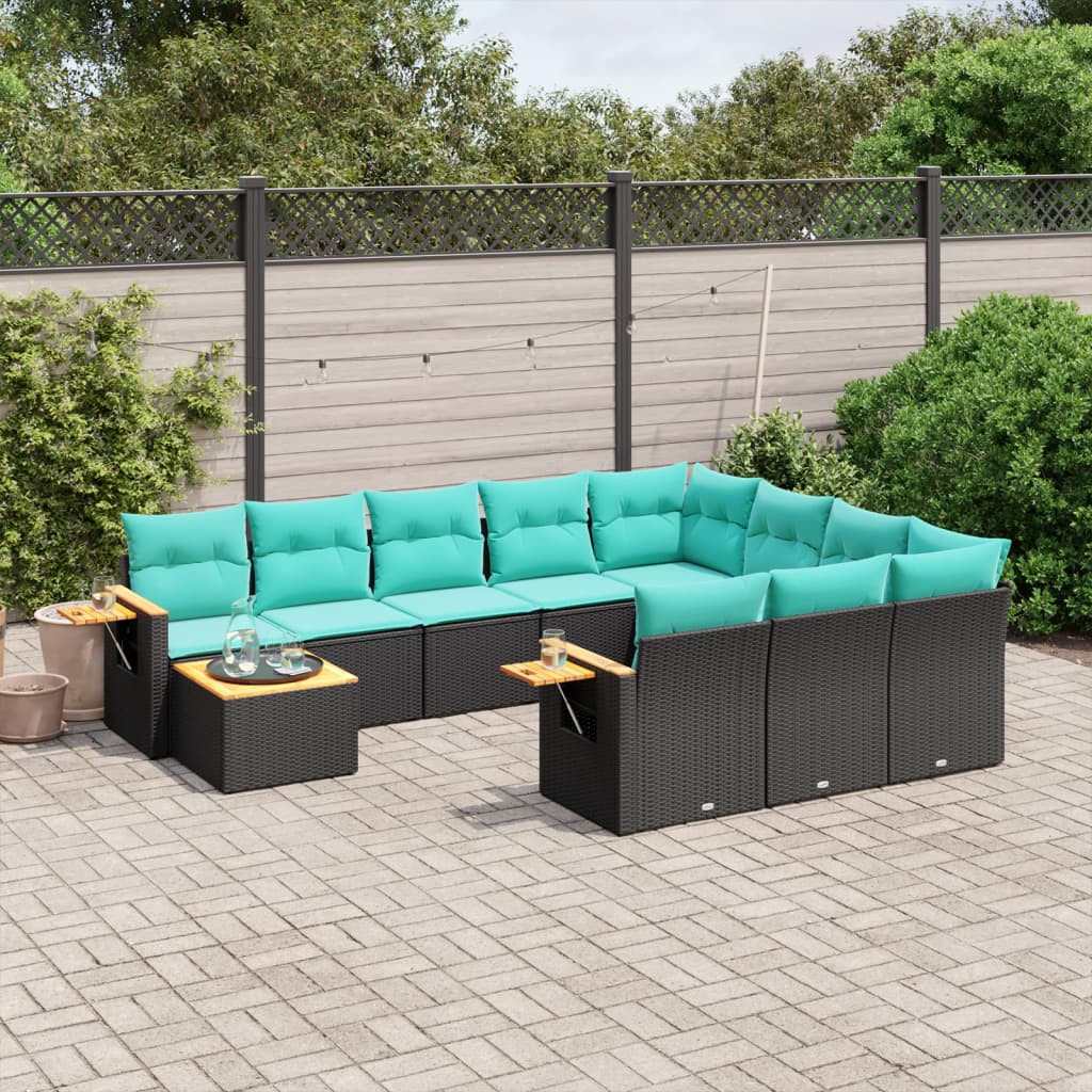 vidaXL 11-tlg. Garten-Sofagarnitur mit Kissen Schwarz Poly Rattan