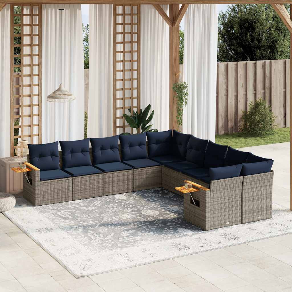 vidaXL 10-tlg. Garten-Sofagarnitur mit Kissen Grau Poly Rattan