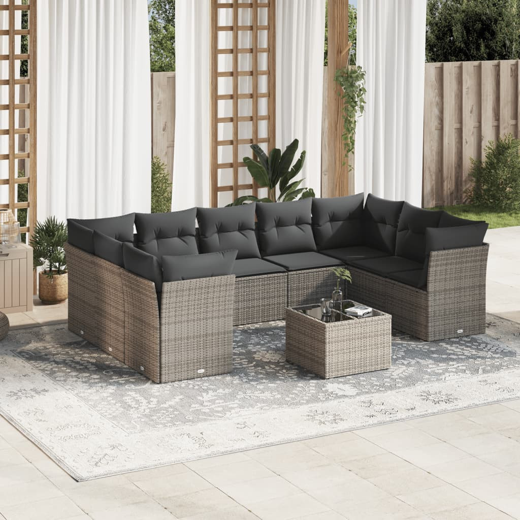 vidaXL 10-tlg. Garten-Sofagarnitur mit Kissen Grau Poly Rattan