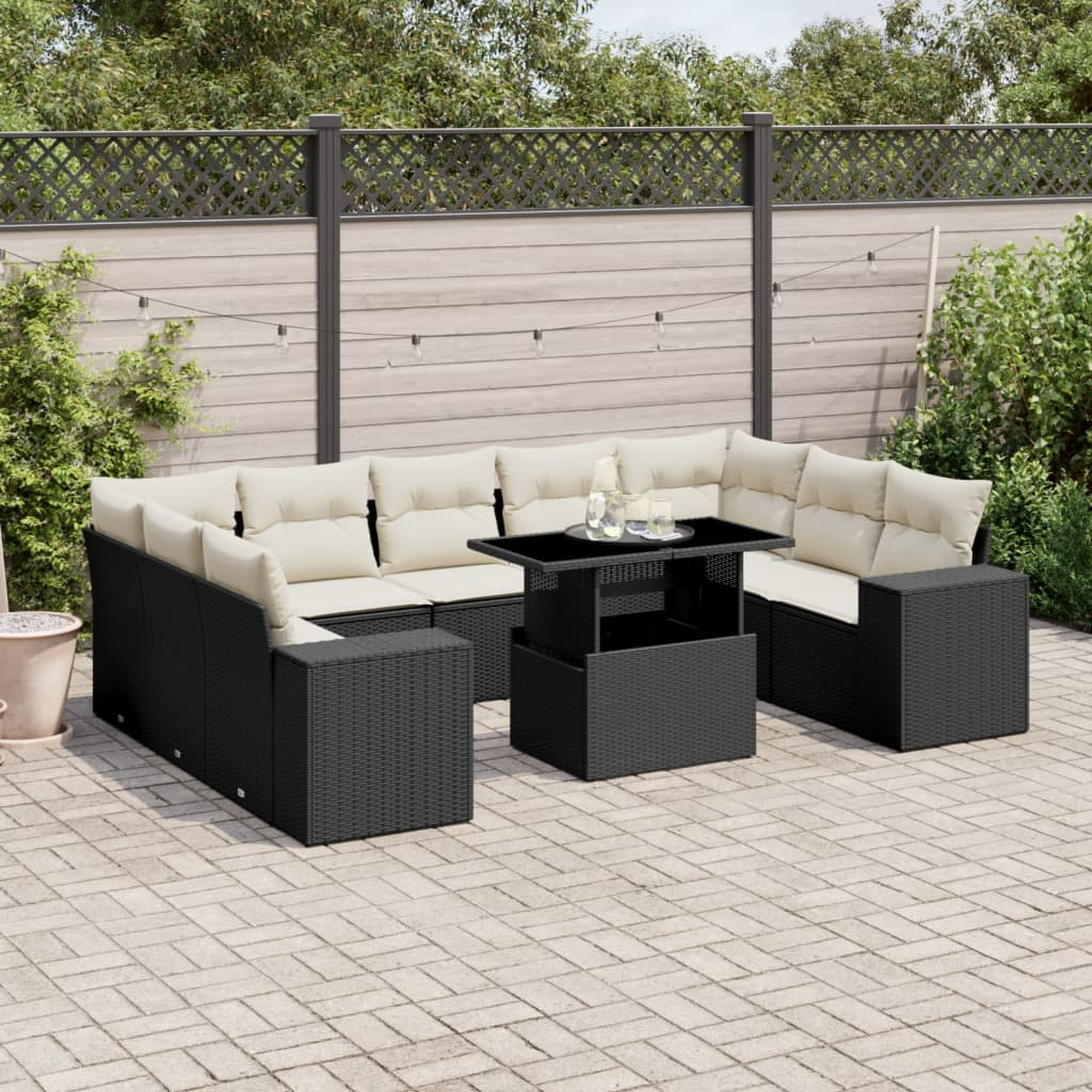 vidaXL 10-tlg. Garten-Sofagarnitur mit Kissen Schwarz Poly Rattan