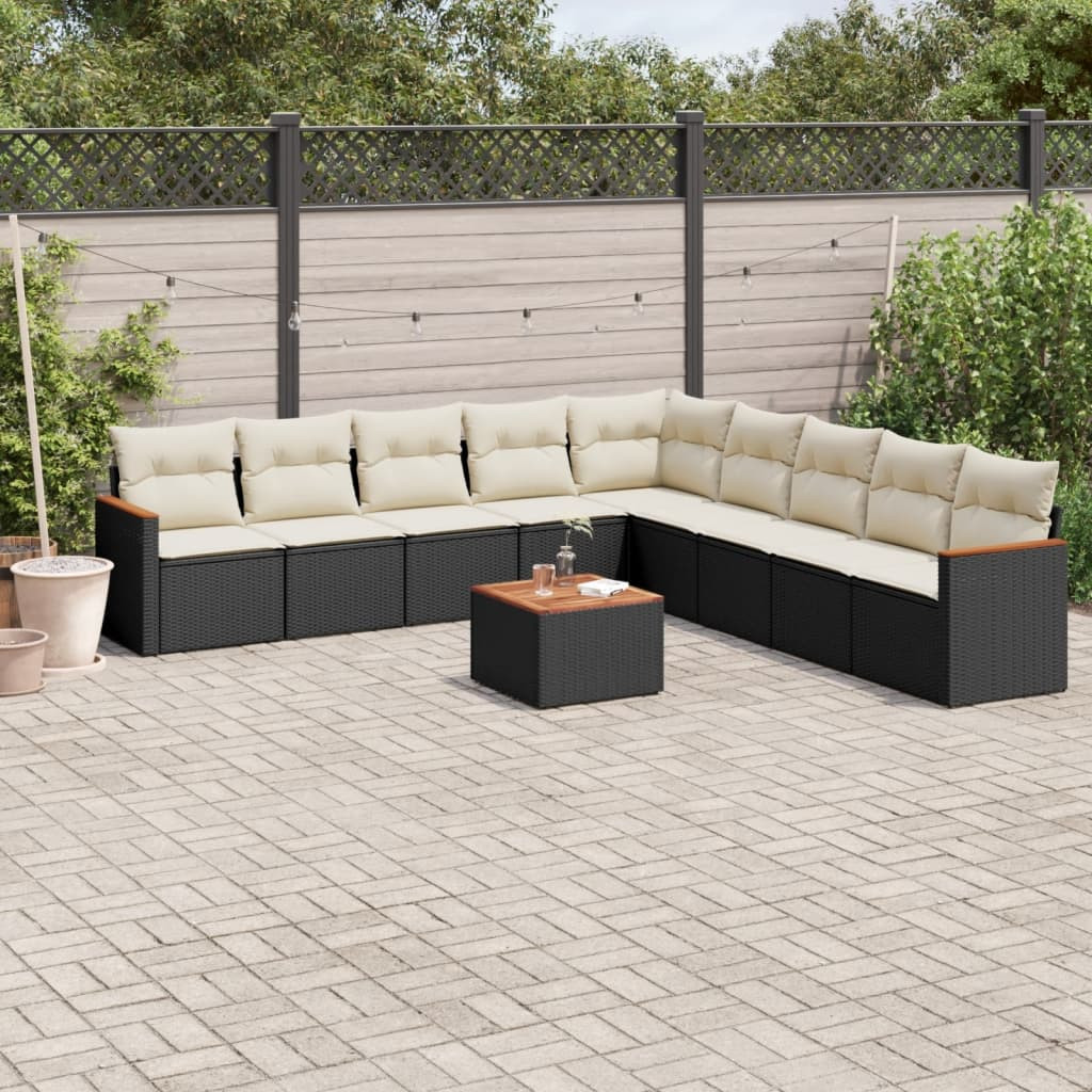 vidaXL 10-tlg. Garten-Sofagarnitur mit Kissen Schwarz Poly Rattan