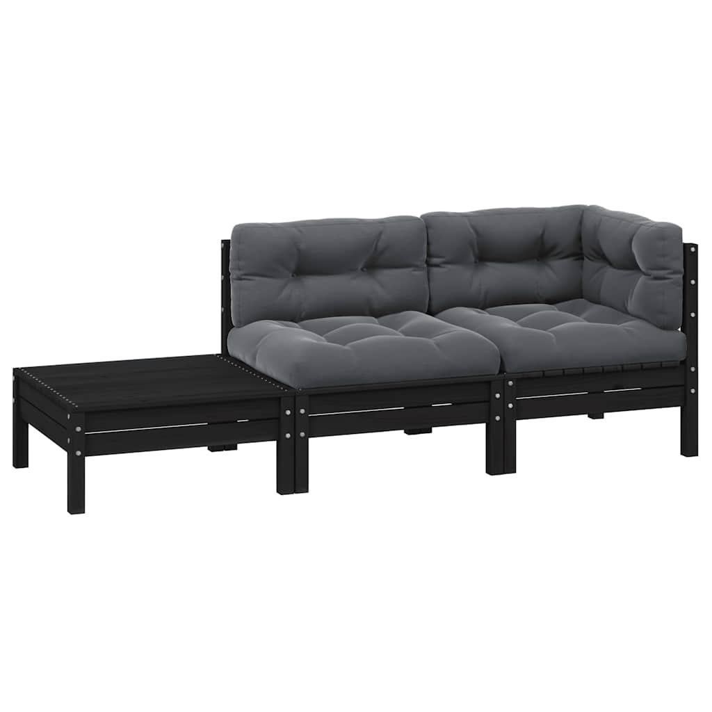 vidaXL 3-tlg. Garten-Lounge-Set mit Kissen Schwarz Kiefer Massivholz