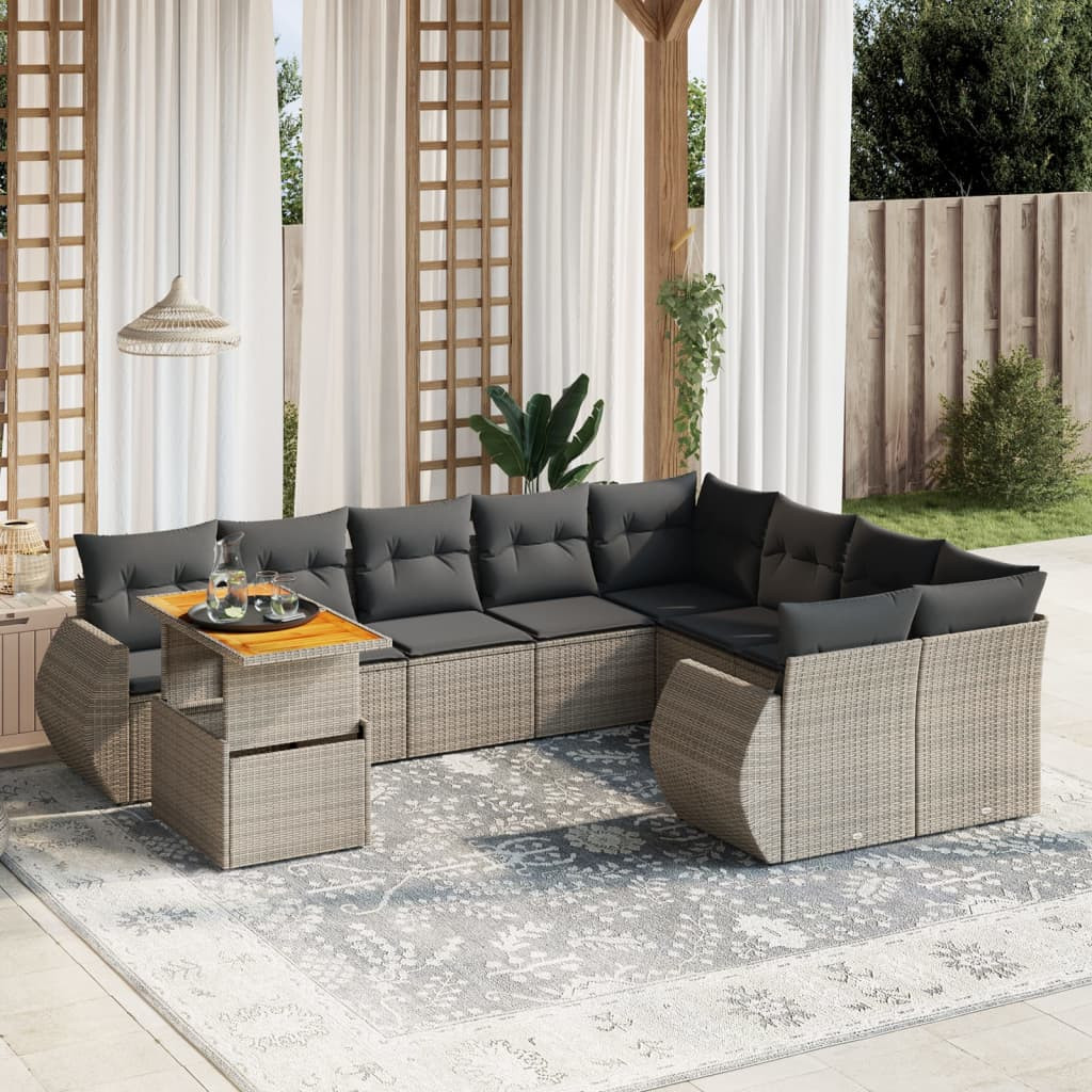 vidaXL 10-tlg. Garten-Sofagarnitur mit Kissen Grau Poly Rattan