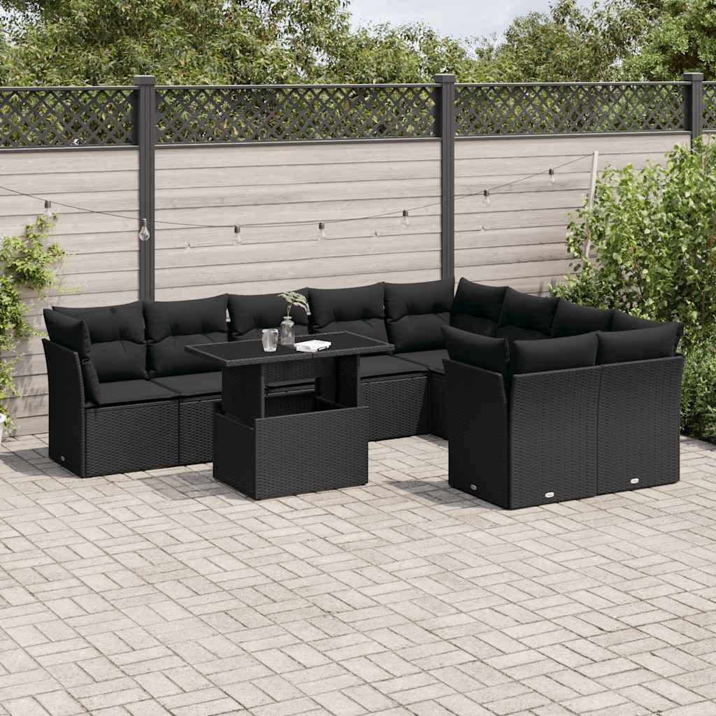 vidaXL 10-tlg. Garten-Sofagarnitur mit Kissen Schwarz Poly Rattan