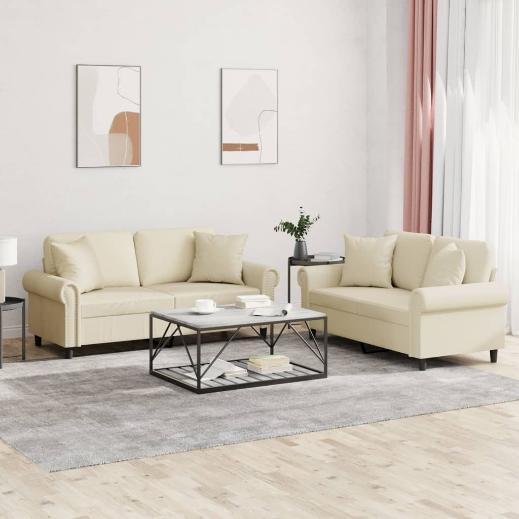 vidaXL 2-tlg. Sofagarnitur mit Kissen Creme Kunstleder