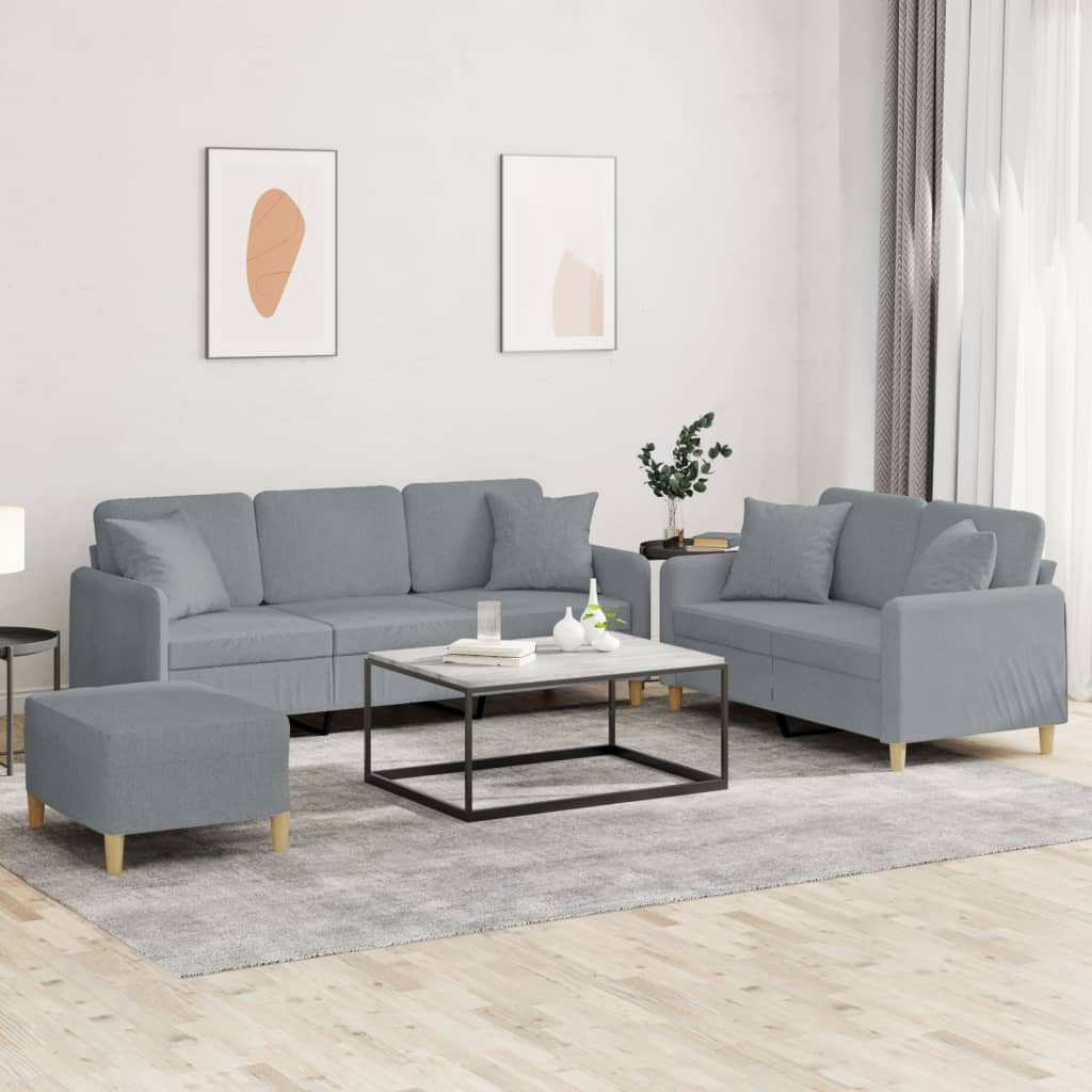 vidaXL 3-tlg. Sofagarnitur mit Kissen Hellgrau Stoff