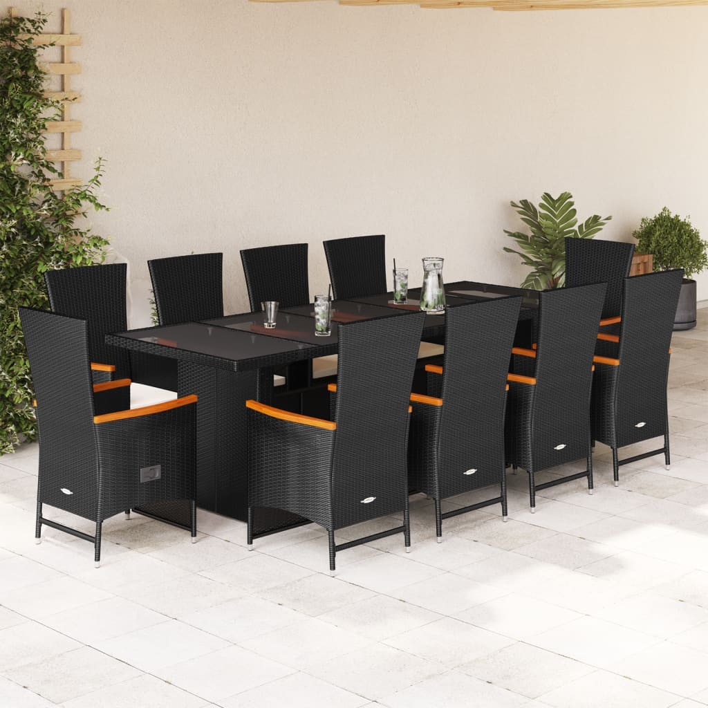 vidaXL 11-tlg. Garten-Essgruppe mit Kissen Schwarz Poly Rattan