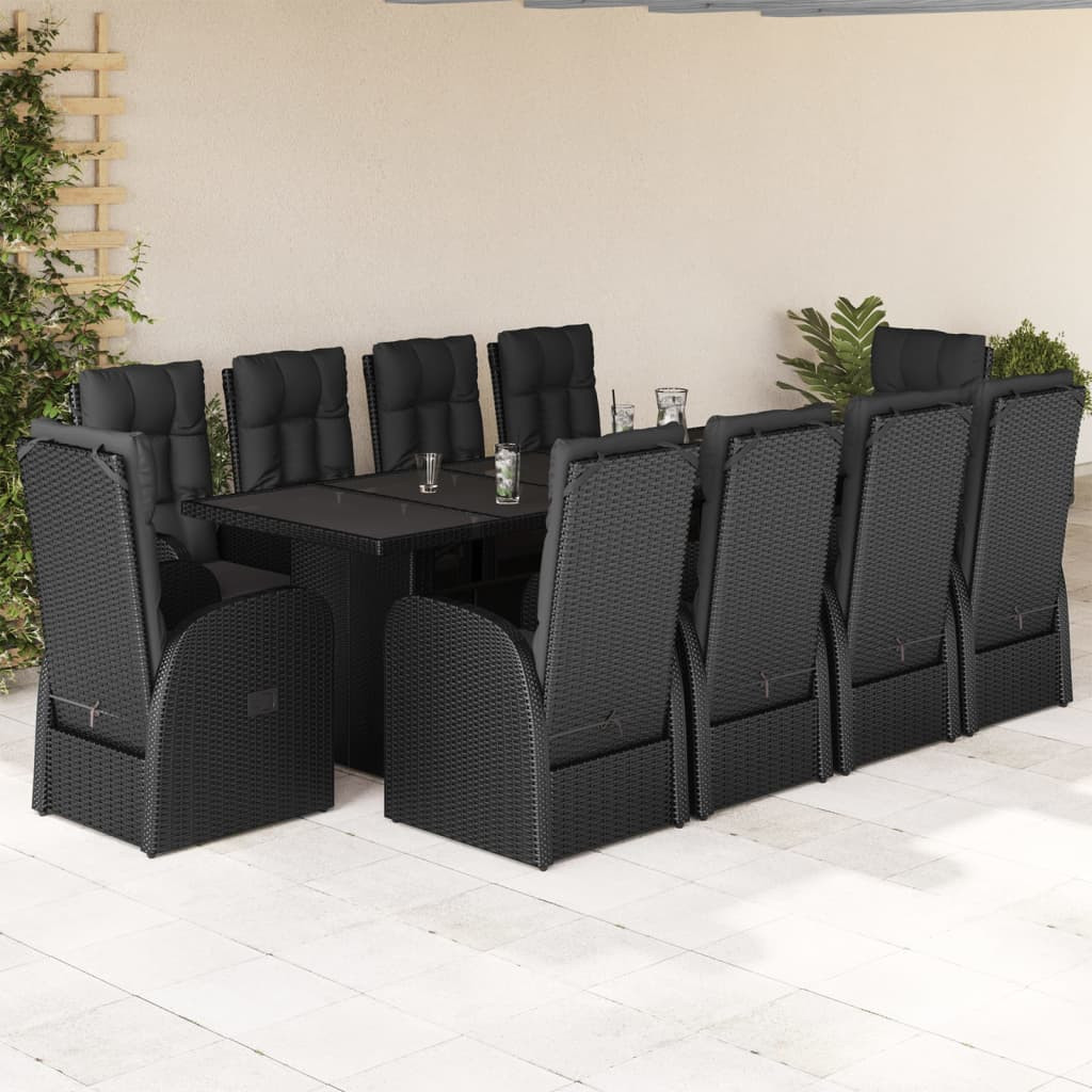 vidaXL 11-tlg. Garten-Essgruppe mit Kissen Schwarz Poly Rattan