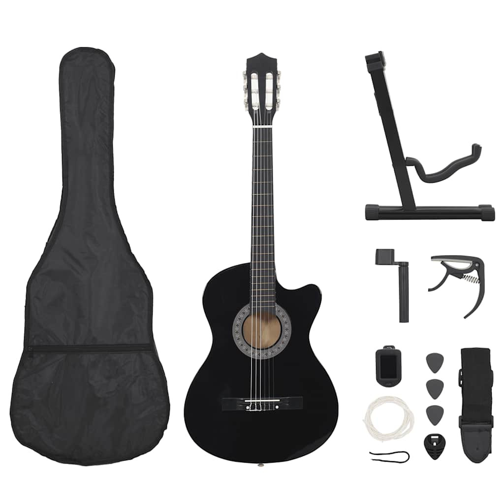vidaXL 12-tlg Westerngitarre Set mit 6 Saiten Schwarz 38"