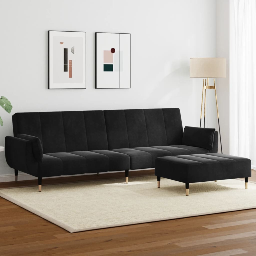 vidaXL Schlafsofa 2-Sitzer mit Fußhocker Schwarz Samt