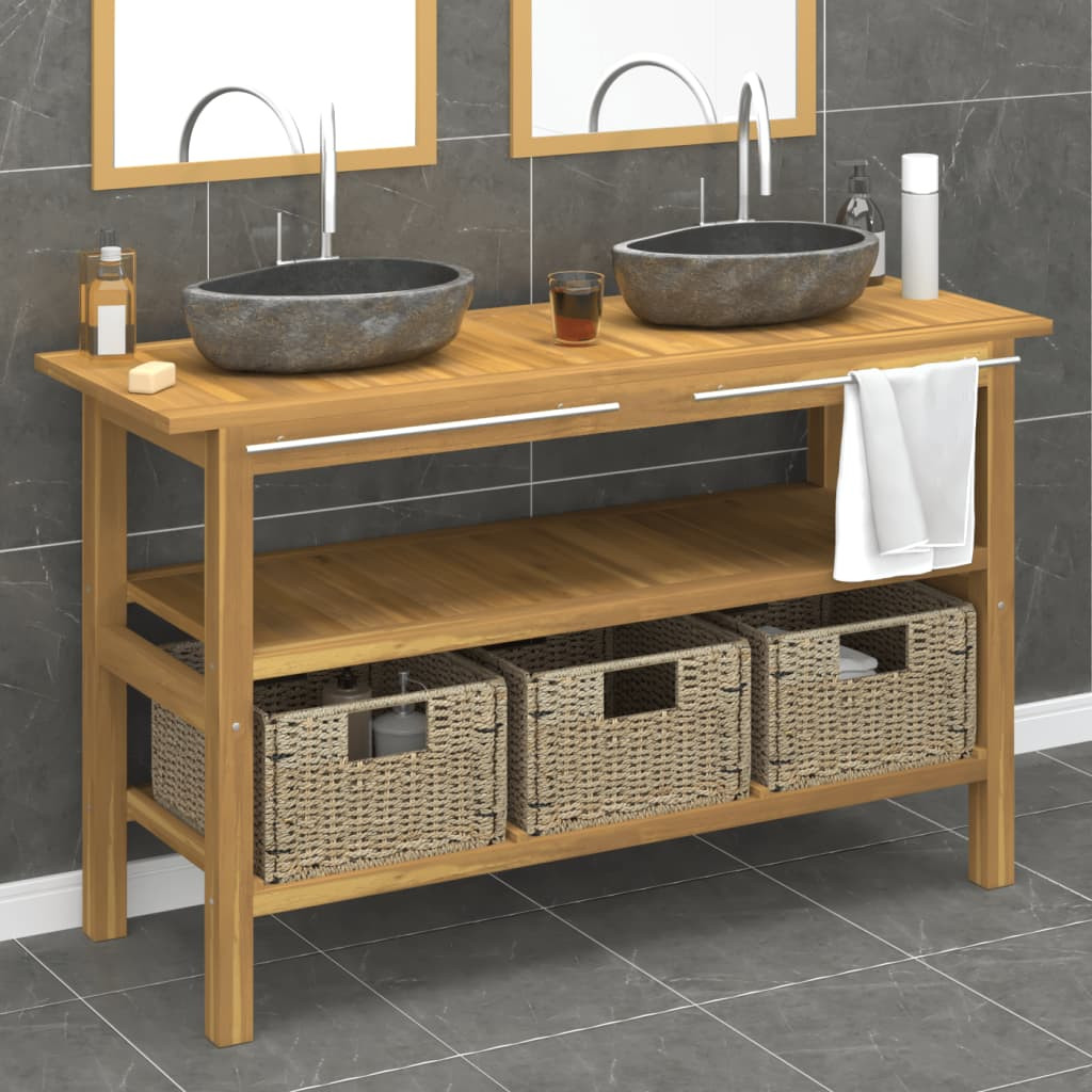 vidaXL Waschtisch mit Flussstein-Waschbecken Massivholz Teak