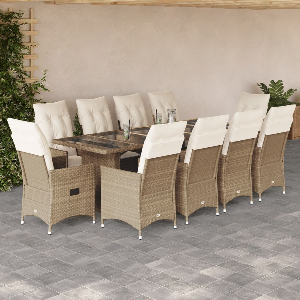 vidaXL 11-tlg. Garten-Bistro-Set mit Kissen Beige Poly Rattan
