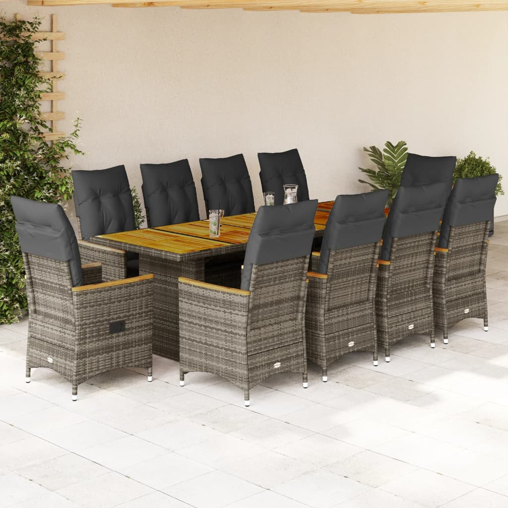 vidaXL 11-tlg. Garten-Bistro-Set mit Kissen Grau Poly Rattan