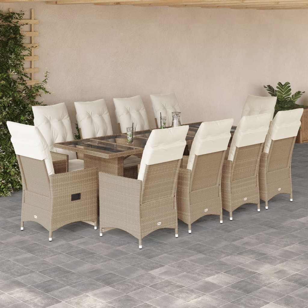 vidaXL 11-tlg. Garten-Bistro-Set mit Kissen Beige Poly Rattan