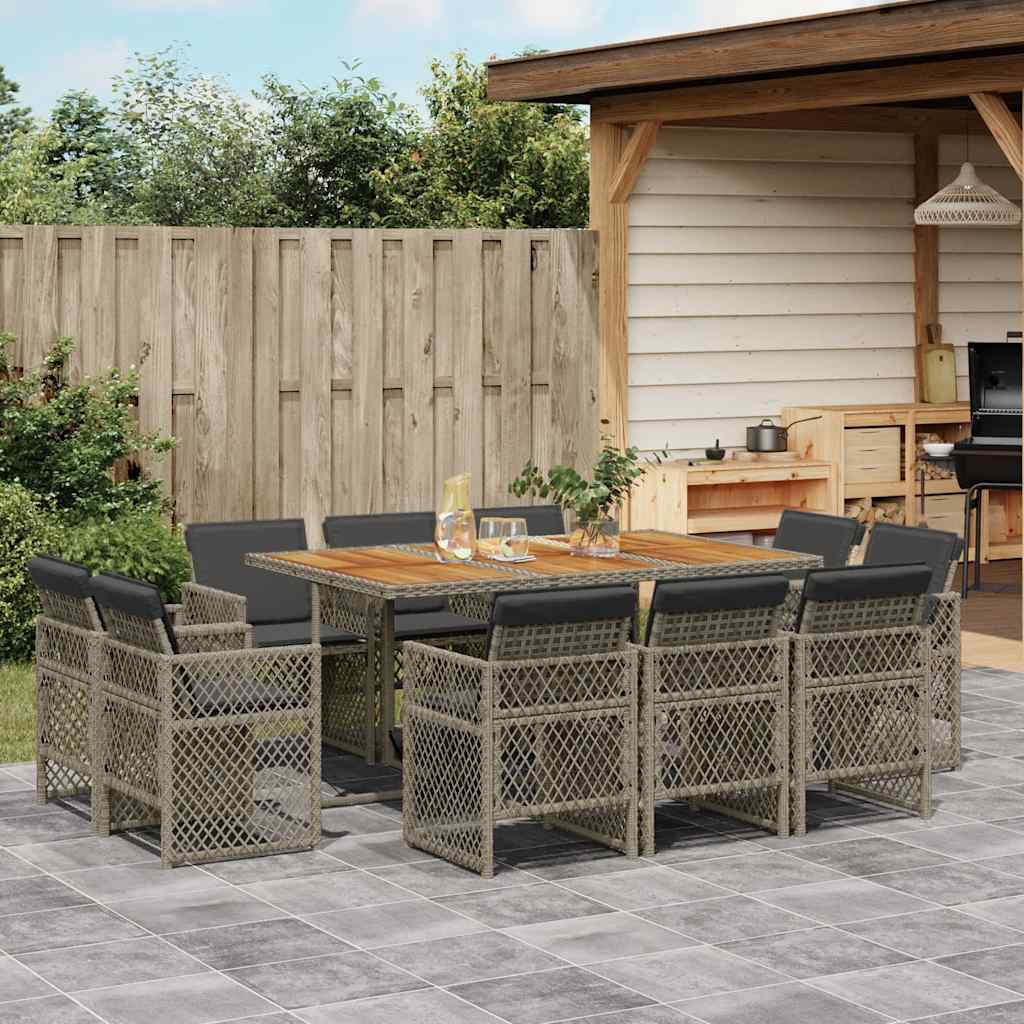 vidaXL 11-tlg. Garten-Essgruppe mit Kissen Grau Poly Rattan