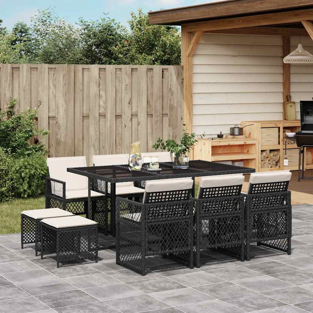 vidaXL 11-tlg. Garten-Essgruppe mit Kissen Schwarz Poly Rattan