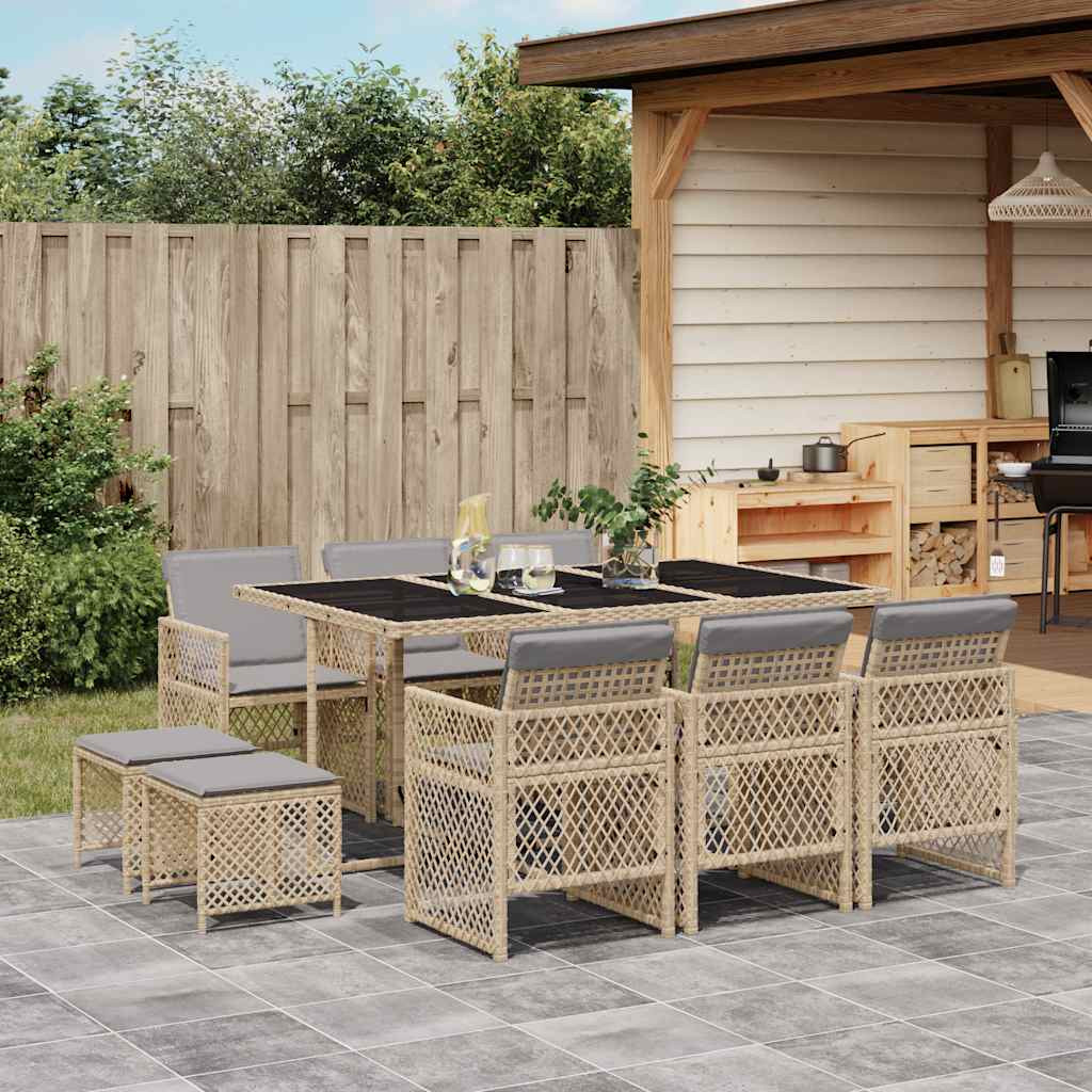 vidaXL 11-tlg. Garten-Essgruppe mit Kissen Beige Poly Rattan