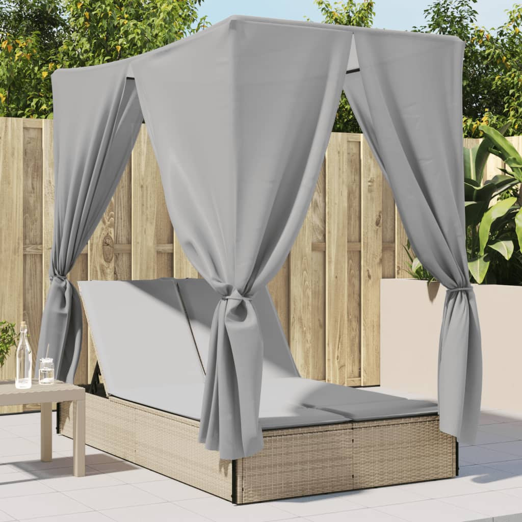 vidaXL Doppel-Sonnenliege mit Dach und Vorhängen Beige Poly Rattan