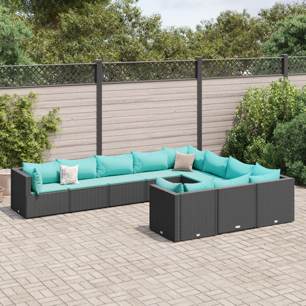 vidaXL 10-tlg. Garten-Sofagarnitur mit Kissen Schwarz Poly Rattan