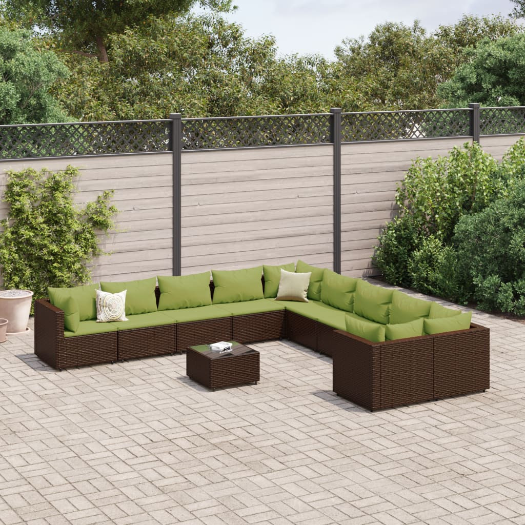 vidaXL 11-tlg. Garten-Sofagarnitur mit Kissen Braun Poly Rattan