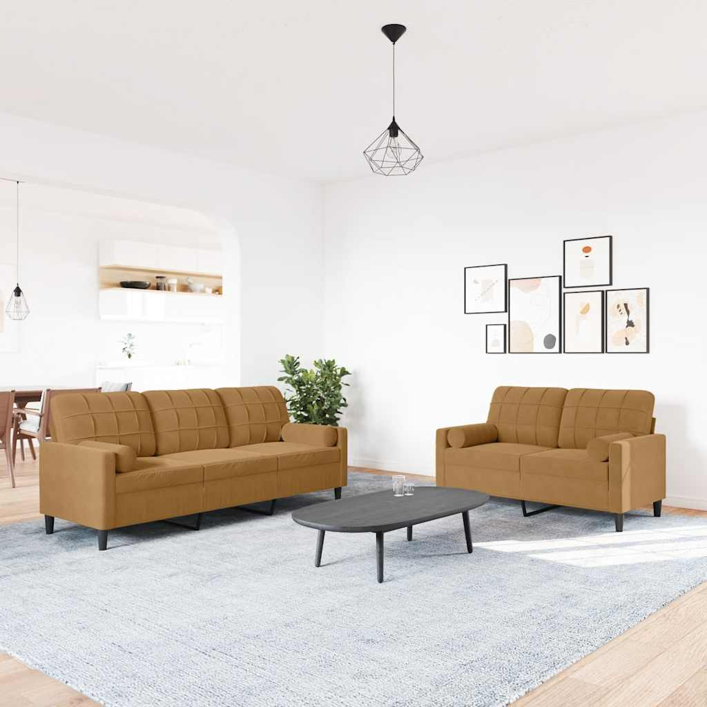 vidaXL 2-tlg. Sofagarnitur mit Kissen und Nackenrollen Braun Samt
