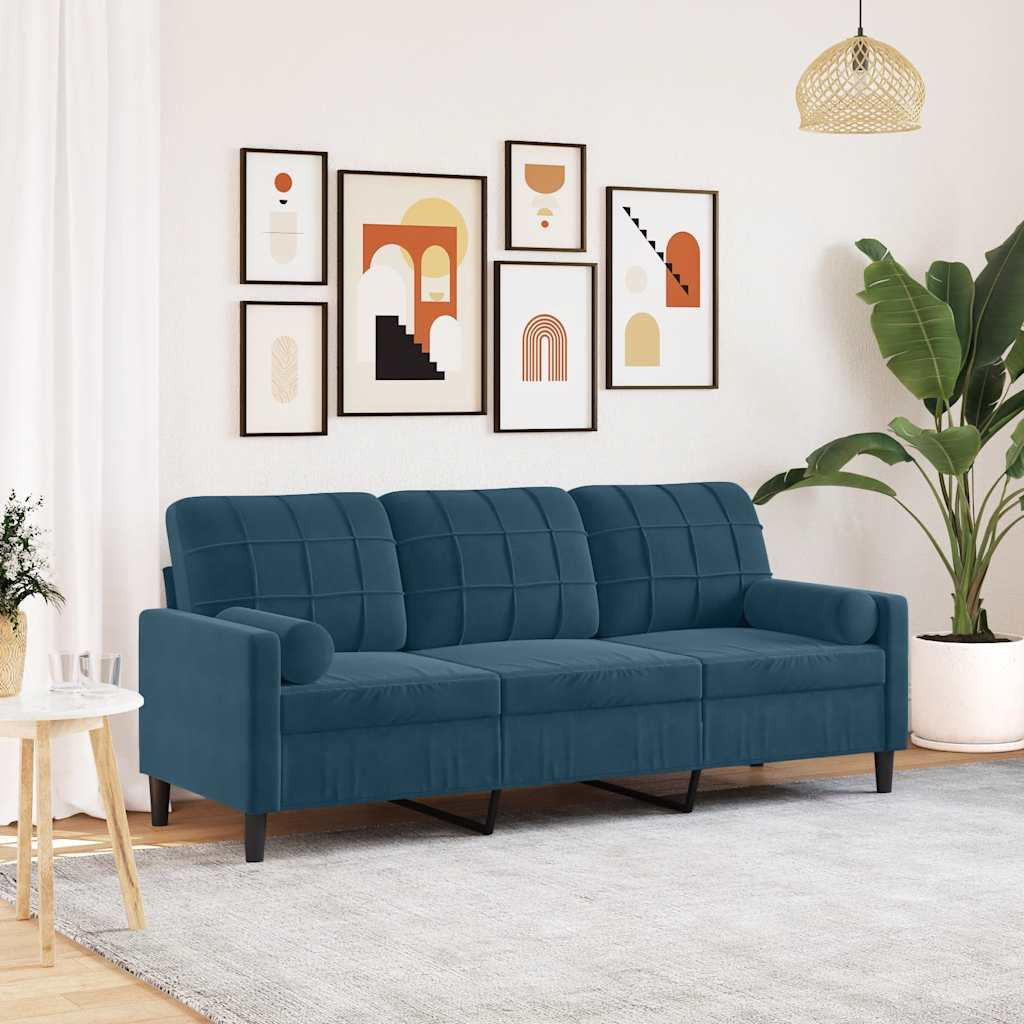 vidaXL 3-Sitzer-Sofa mit Zierkissen Blau 180 cm Samt