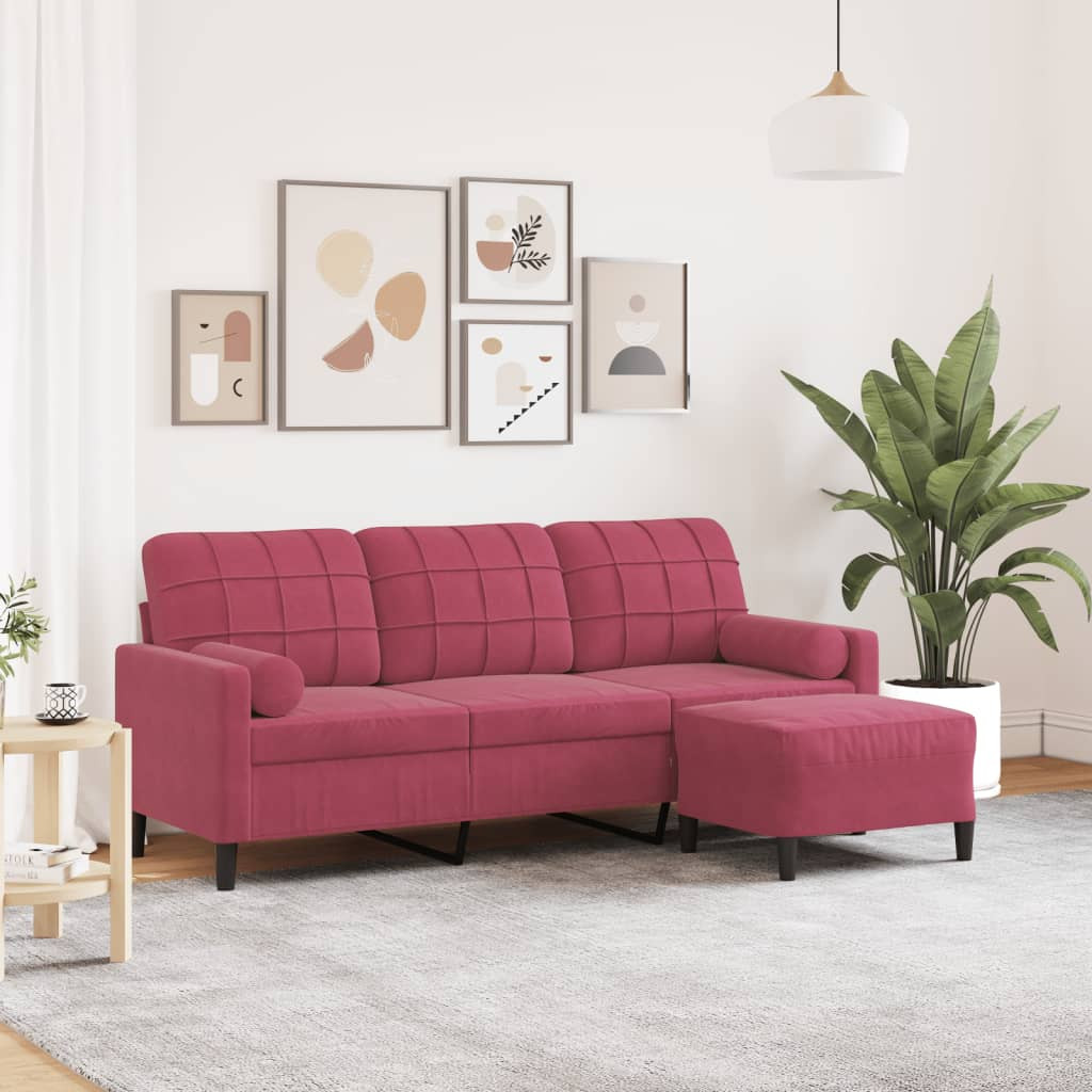 vidaXL 3-Sitzer-Sofa mit Hocker Weinrot 180 cm Samt