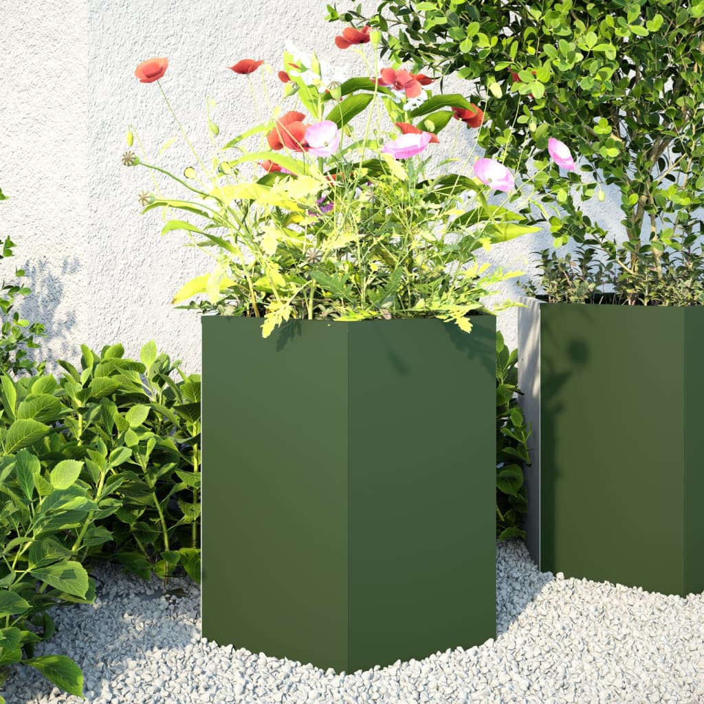 vidaXL Garten-Pflanzgefäße 2 Stk.Olivgrün Sechseckig 46x40x45 cm Stahl