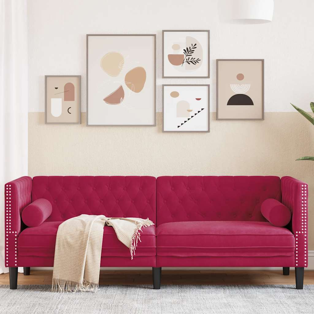 vidaXL Chesterfield-Sofa mit Nackenrollen 3-Sitzer Weinrot Samt