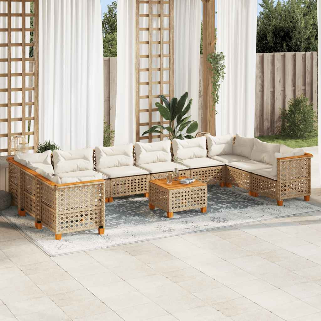 vidaXL 11-tlg. Garten-Sofagarnitur mit Kissen Beige Poly Rattan