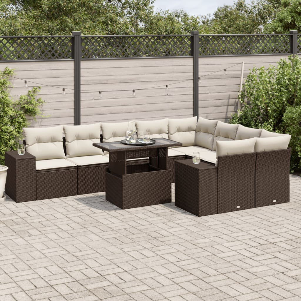 vidaXL 10-tlg. Garten-Sofagarnitur mit Kissen Braun Poly Rattan