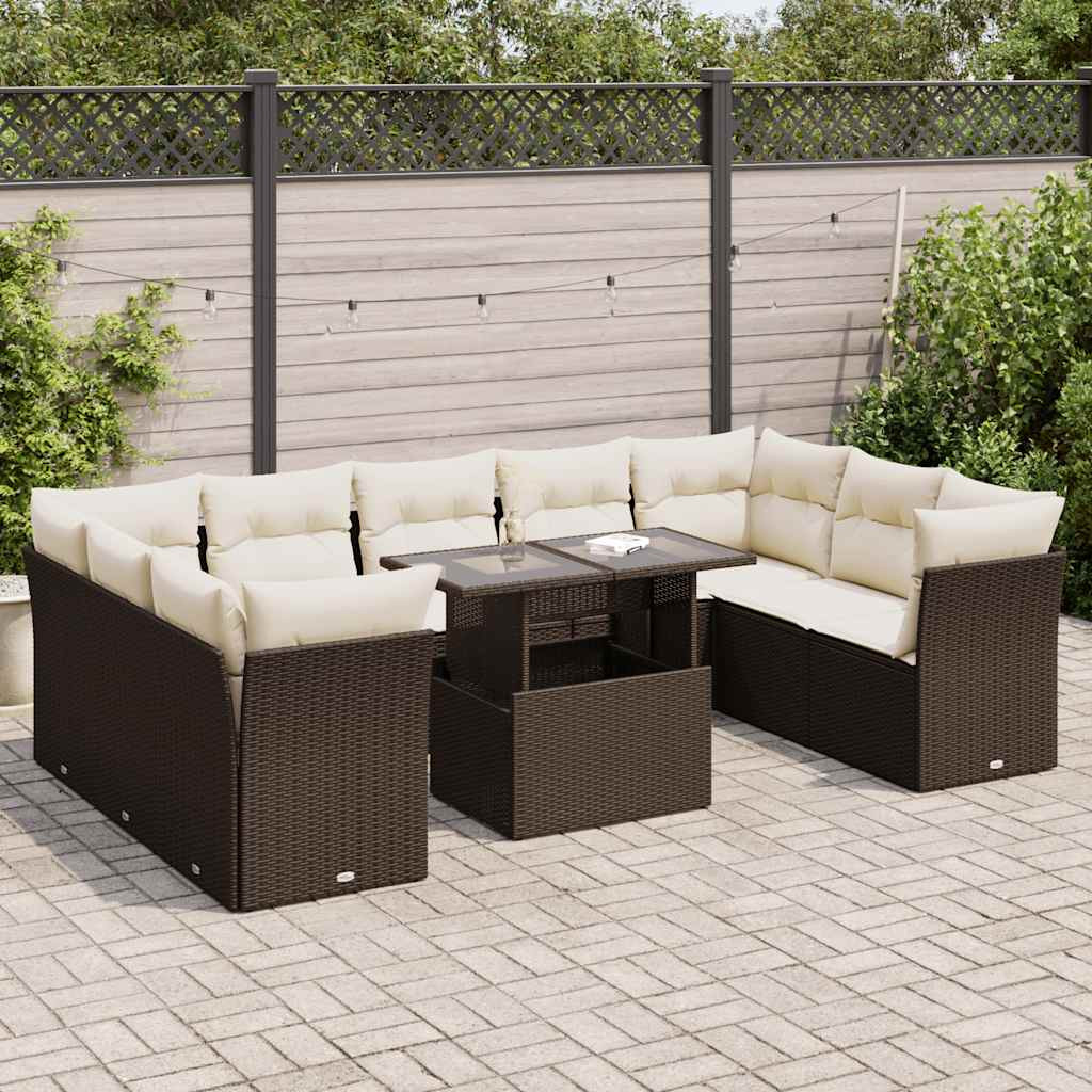vidaXL 10-tlg. Garten-Sofagarnitur mit Kissen Braun Poly Rattan