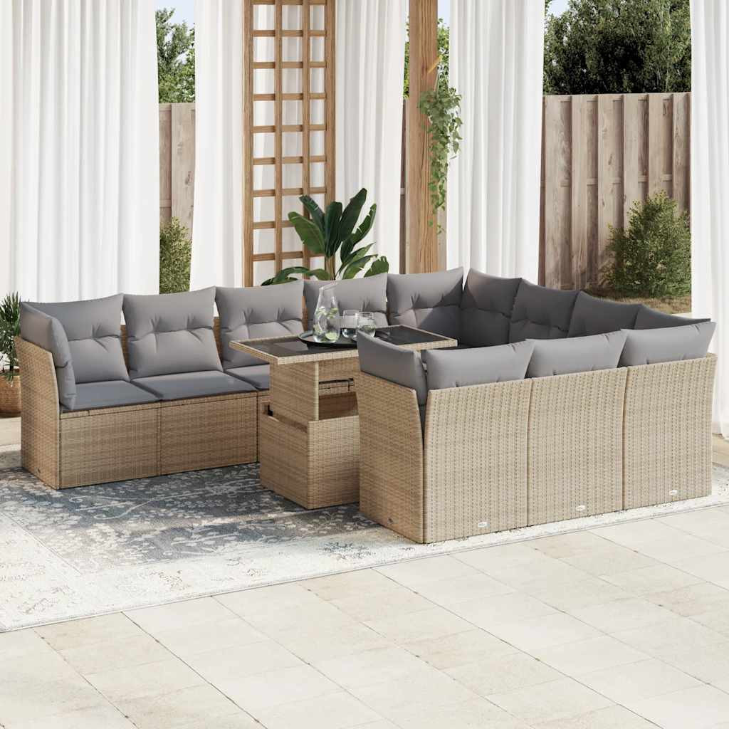 vidaXL 11-tlg. Garten-Sofagarnitur mit Kissen Beige Poly Rattan