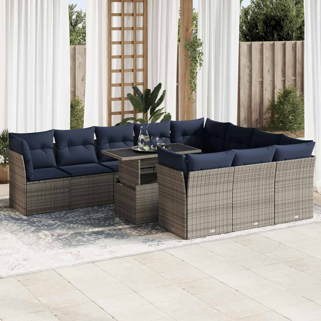 vidaXL 11-tlg. Garten-Sofagarnitur mit Kissen Grau Poly Rattan Akazie
