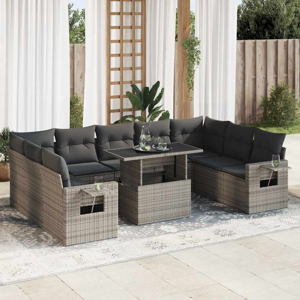 vidaXL 10-tlg. Garten-Sofagarnitur mit Kissen Grau Poly Rattan