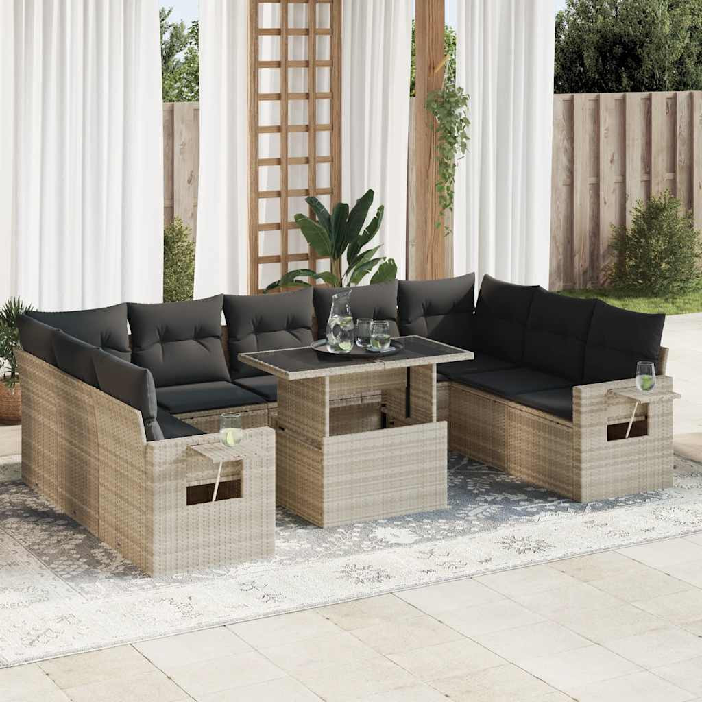 vidaXL 10-tlg. Garten-Sofagarnitur mit Kissen Hellgrau Poly Rattan
