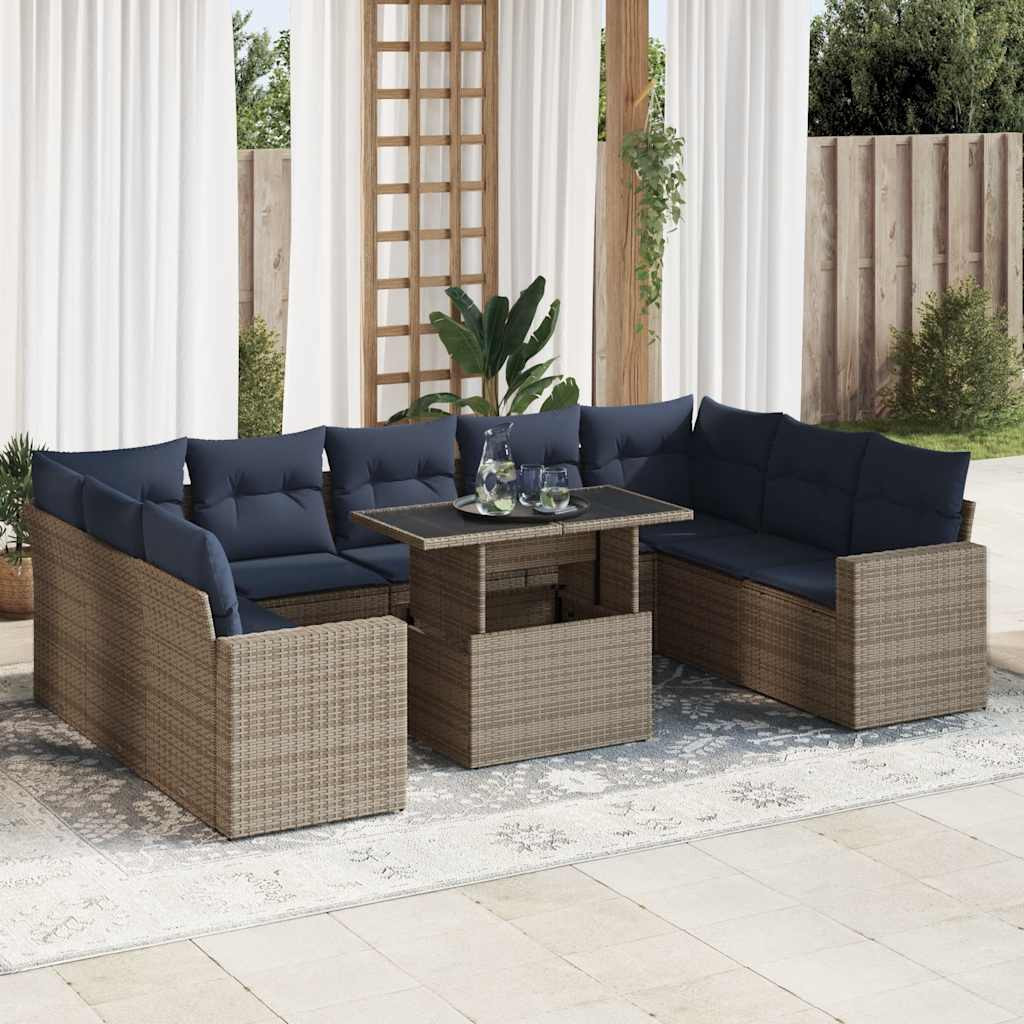 vidaXL 10-tlg. Garten-Sofagarnitur mit Kissen Grau Poly Rattan Akazie