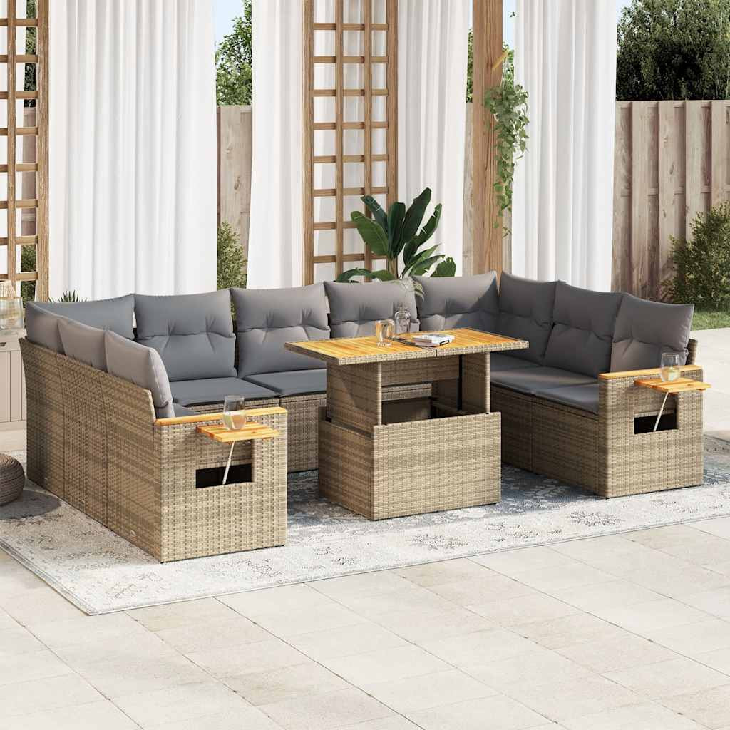 vidaXL 10-tlg. Garten-Sofagarnitur mit Kissen Beige Poly Rattan Akazie