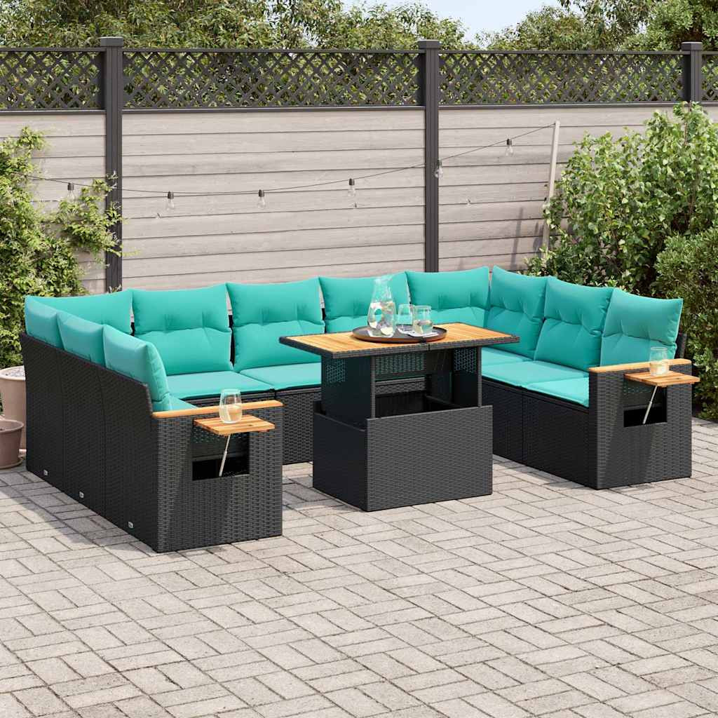 vidaXL 10-tlg. Garten-Sofagarnitur mit Kissen Schwarz Poly Rattan